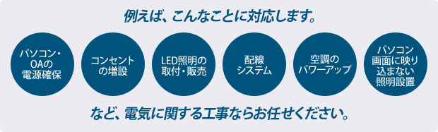 例えば、こんなことに対応します。　電源確保　コンセントの増設　専用回路の敷設　配線システム　空調のパワーアップ　パソコン画面に映り込まない照明設置