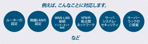 例えば、こんなことに対応します。　ルーターの設定　無線LANの設定　WAN-LAN接続（インターネット接続）　基幹系ネットワーク　フロア系ネットワーク　サーバーラックのご提案　など