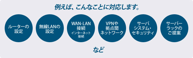 例えば、こんなことに対応します。　ルーターの設定　無線LANの設定　WAN-LAN接続（インターネット接続）　基幹系ネットワーク　フロア系ネットワーク　サーバーラックのご提案　など