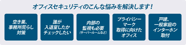 オフィスセキュリティのこんな悩みを解決します！　空き巣、事務所荒らし対策　誰が入退室したかチェックしたい　内部の監視も必要　プライバシーマーク取得に向けたオフィス　オフィス全体での見直しを検討している